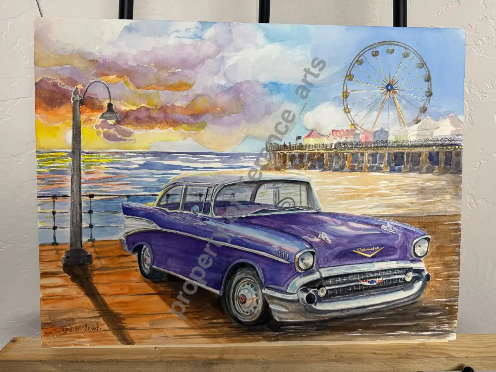 A watercolor painting of a purple classic car parked on a wooden pier by the ocean, with a beach, pier structure, ferris wheel, and dramatic sunset clouds in the background.